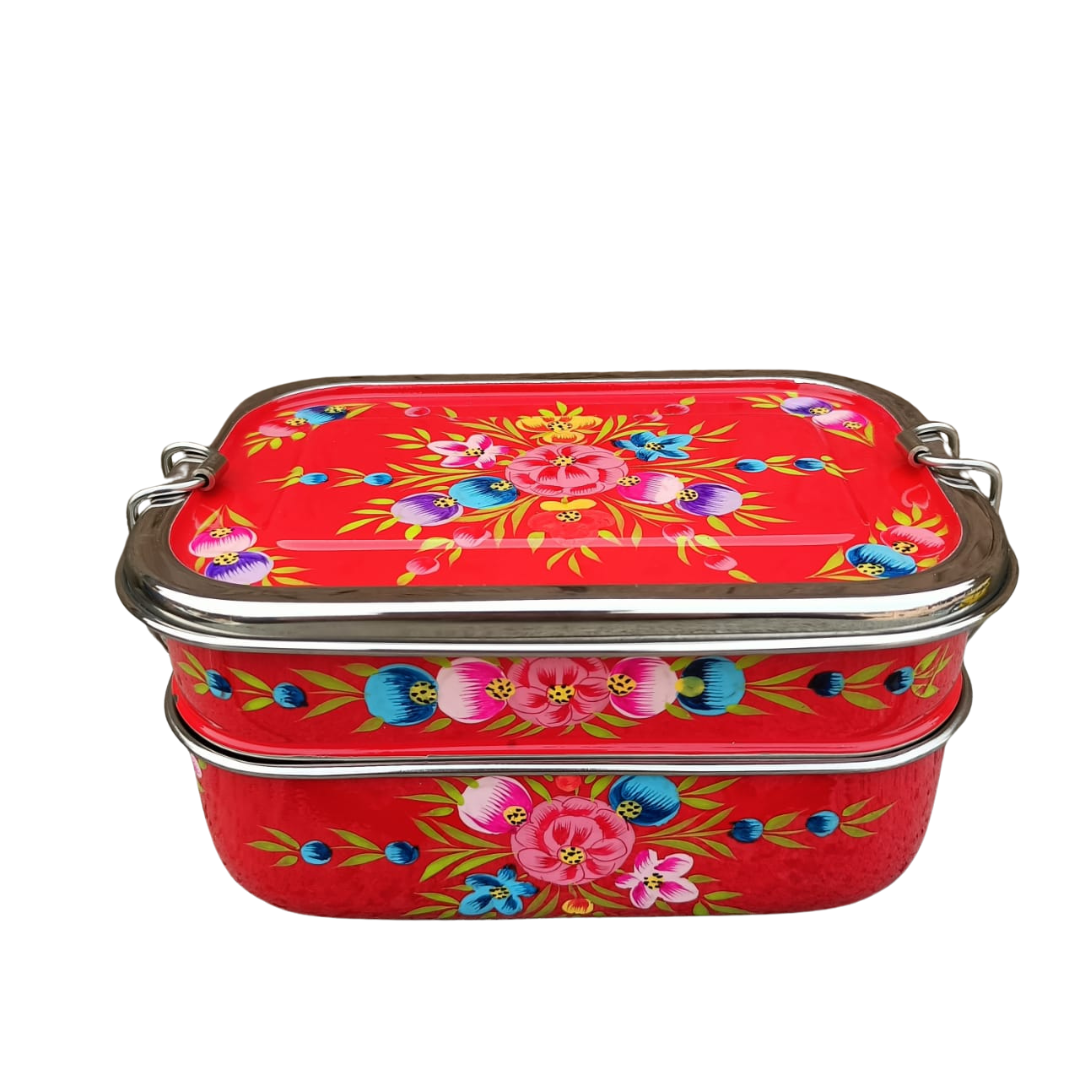 Stainless Steel - Hand-painted Lunchbox - Red Floral Garland Design